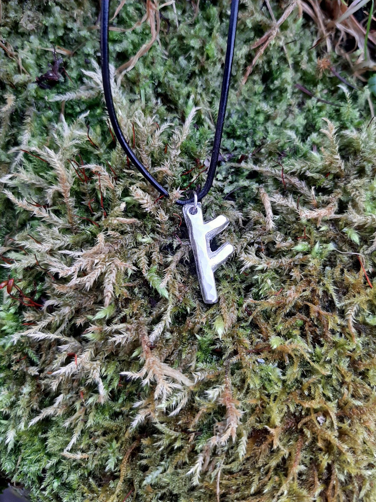 Viking Rune Necklace - Cast and Hammered Pewter - Fehu Rune - Luck Wealth Rune | Viking Necklace