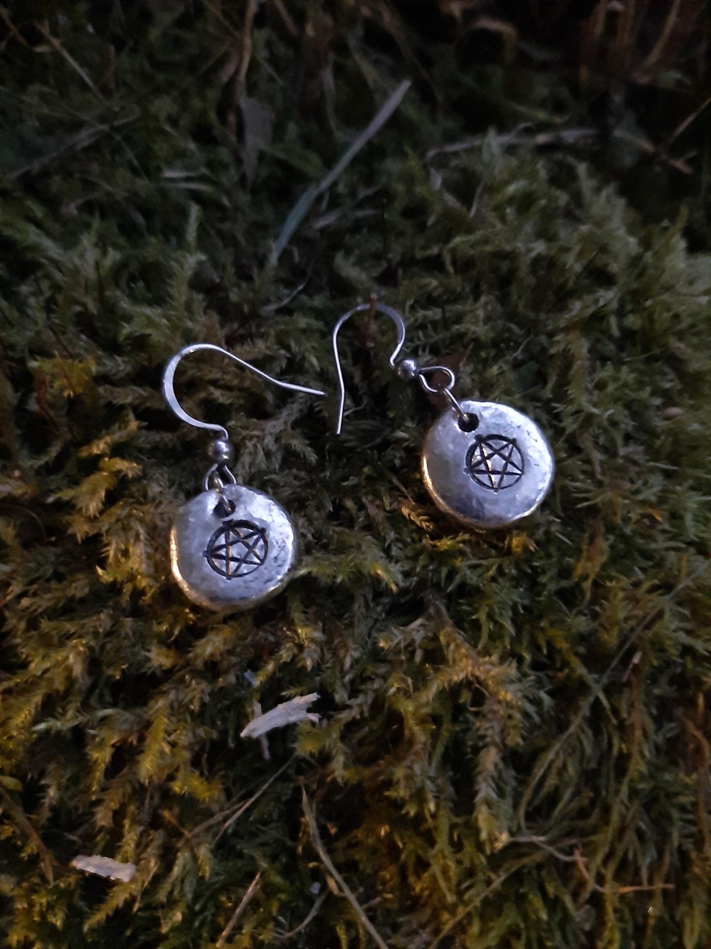 Witch Pentagram Pendant Earrings - Stainless Steel Hooks | Cast and Hammered Pewter