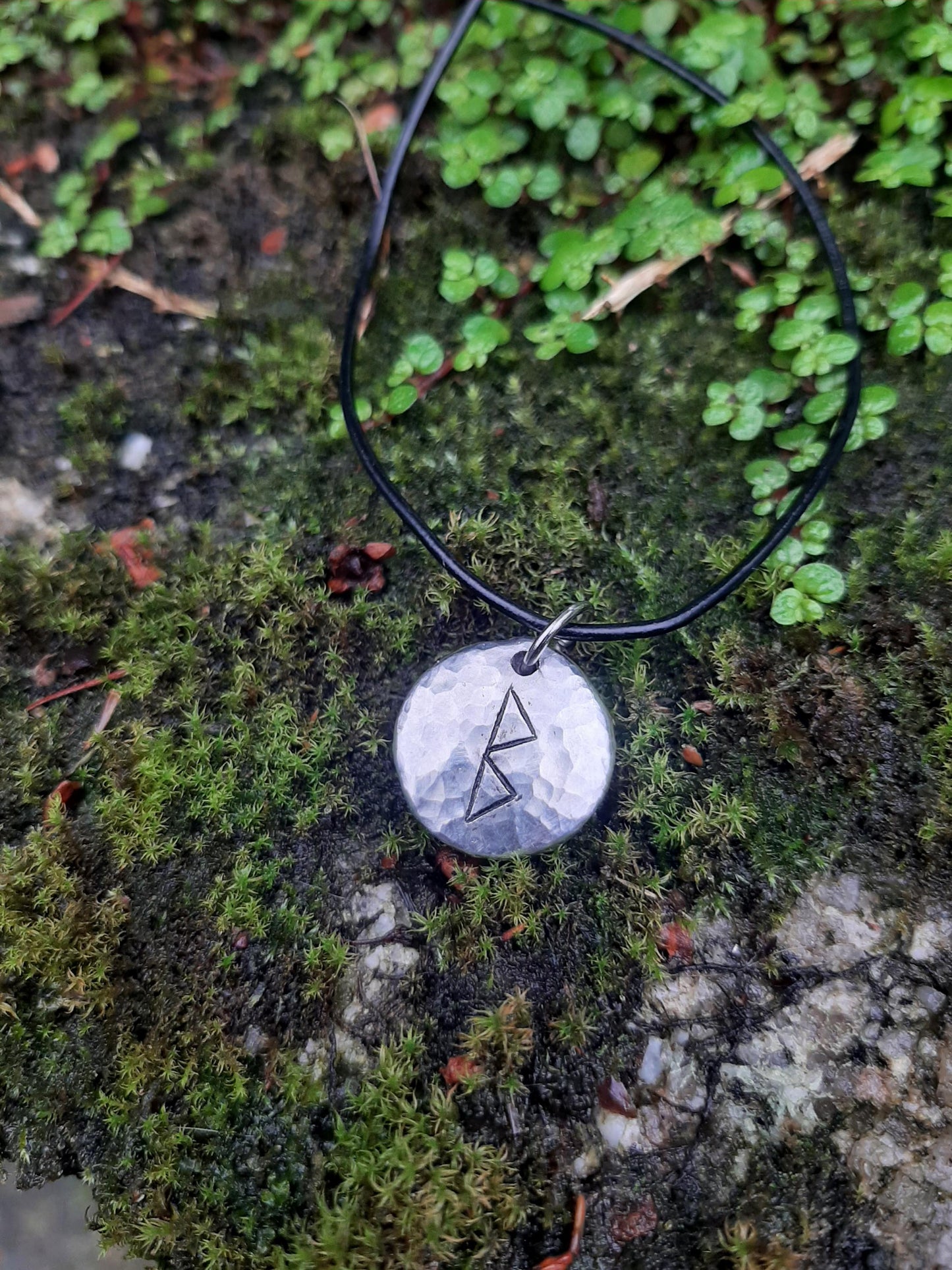 Viking Rune Necklace - Cast and Hammered Pewter - Berkana Rune - Liberation Rune | Growth Rune | Viking Necklace