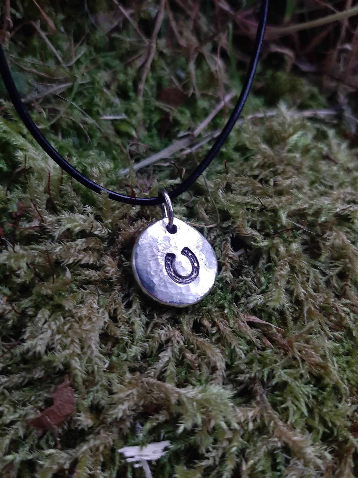Horseshoe Pendant Necklace - Cast and hammered pewter - Small