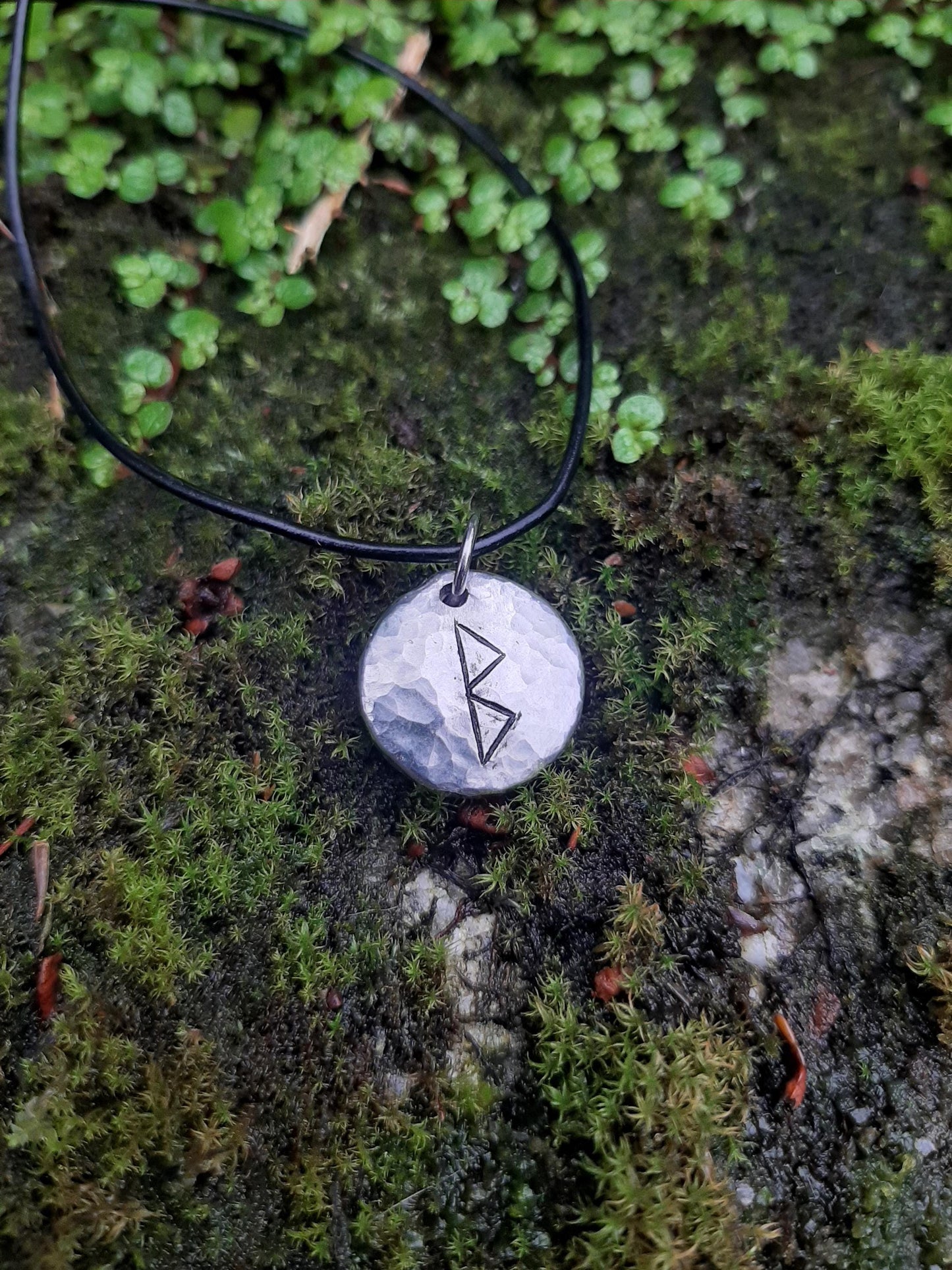 Viking Rune Necklace - Cast and Hammered Pewter - Berkana Rune - Liberation Rune | Growth Rune | Viking Necklace