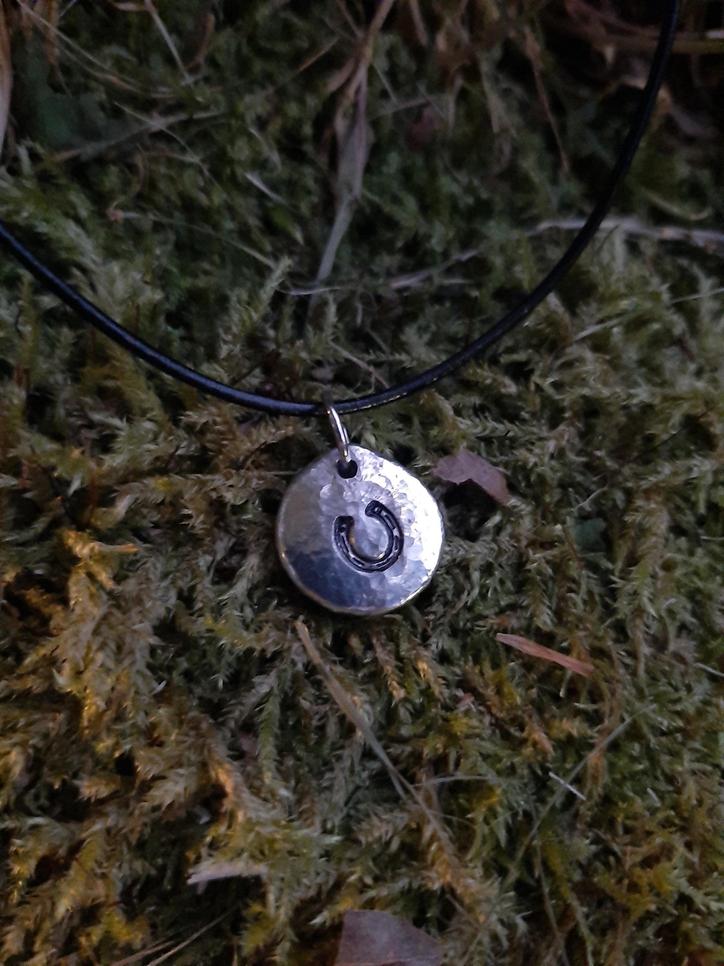 Horseshoe Pendant Necklace - Cast and hammered pewter - Small