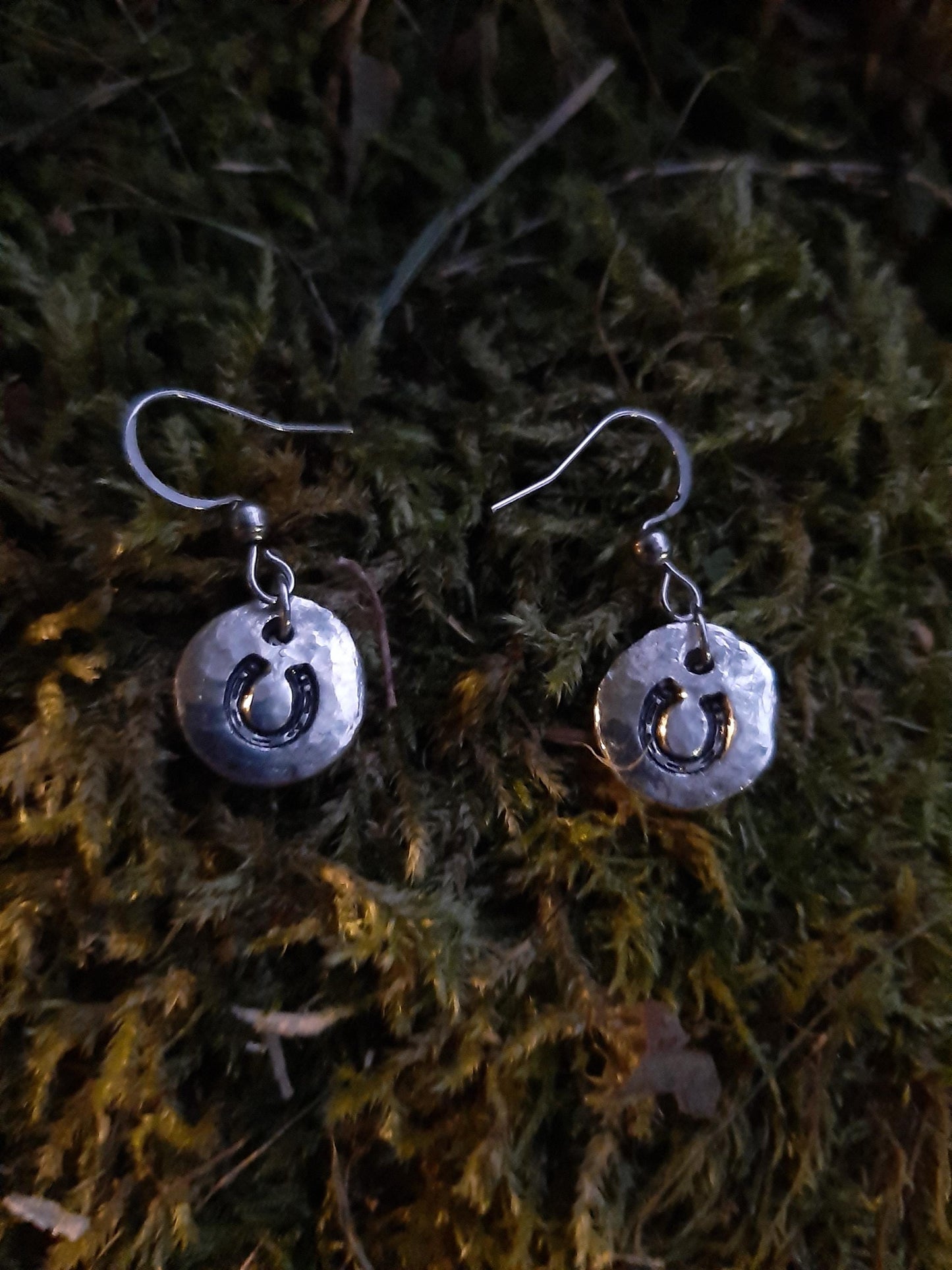 Horseshoe Pendant Earrings - Stainless Steel Hooks | Cast and Hammered Pewter