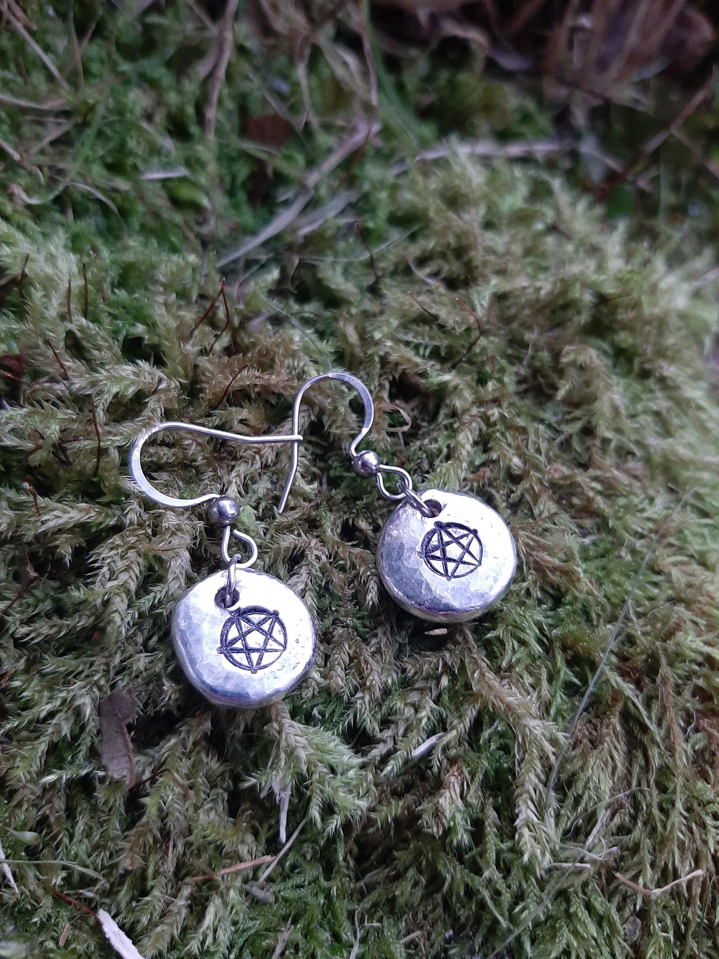 Witch Pentagram Pendant Earrings - Stainless Steel Hooks | Cast and Hammered Pewter