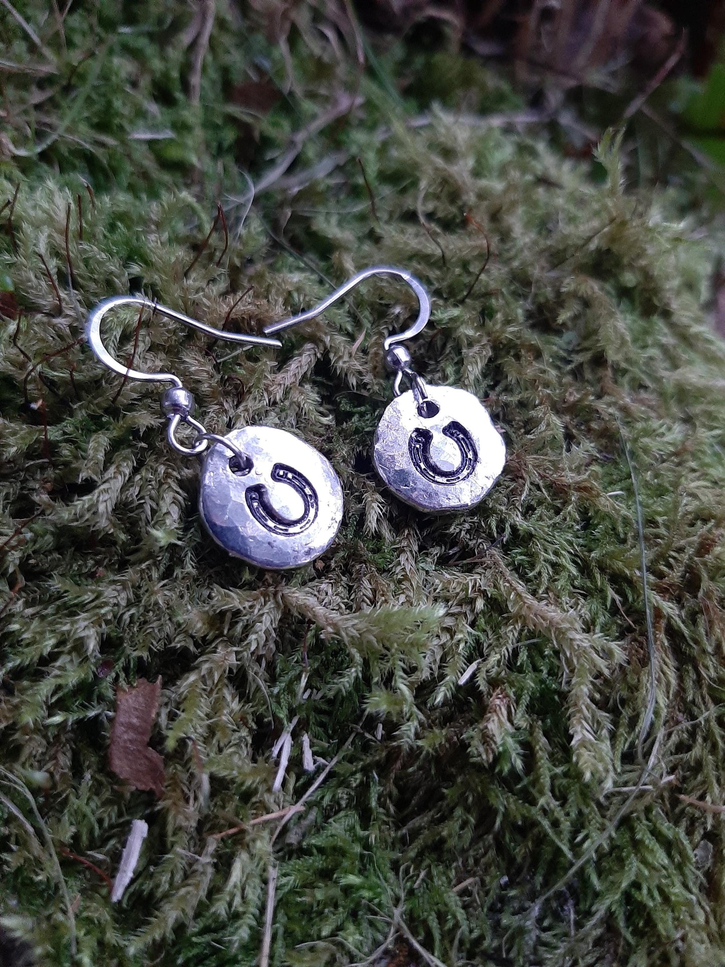 Horseshoe Pendant Earrings - Stainless Steel Hooks | Cast and Hammered Pewter