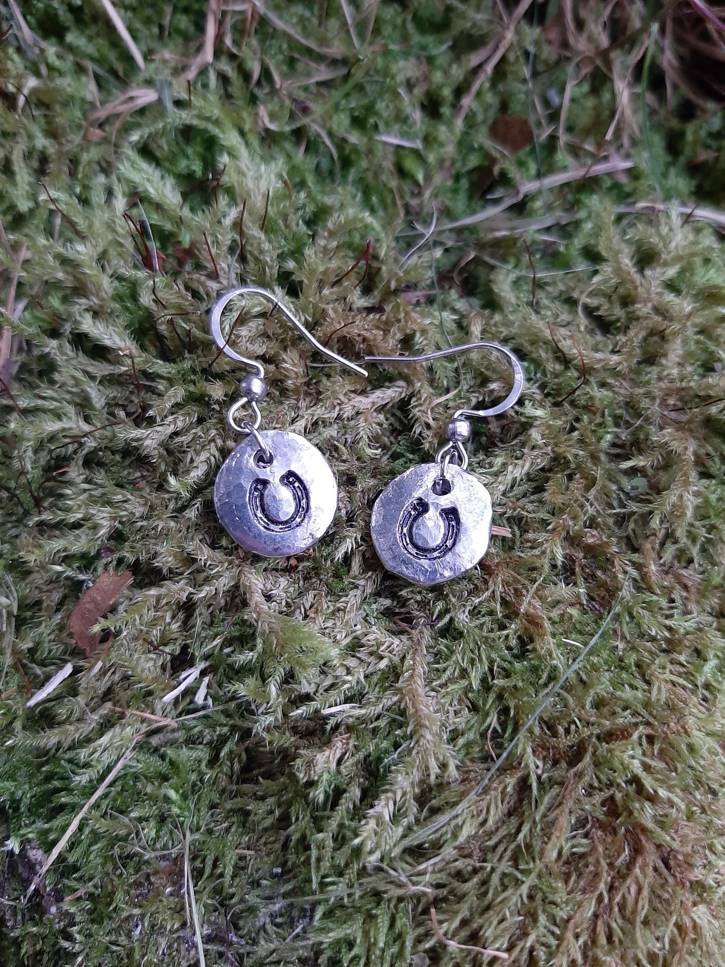 Horseshoe Pendant Earrings - Stainless Steel Hooks | Cast and Hammered Pewter