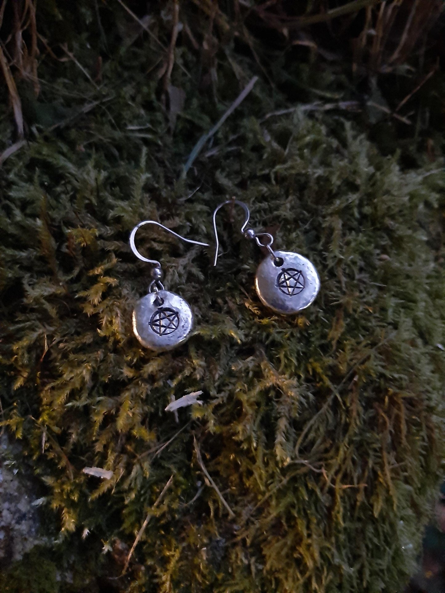 Witch Pentagram Pendant Earrings - Stainless Steel Hooks | Cast and Hammered Pewter
