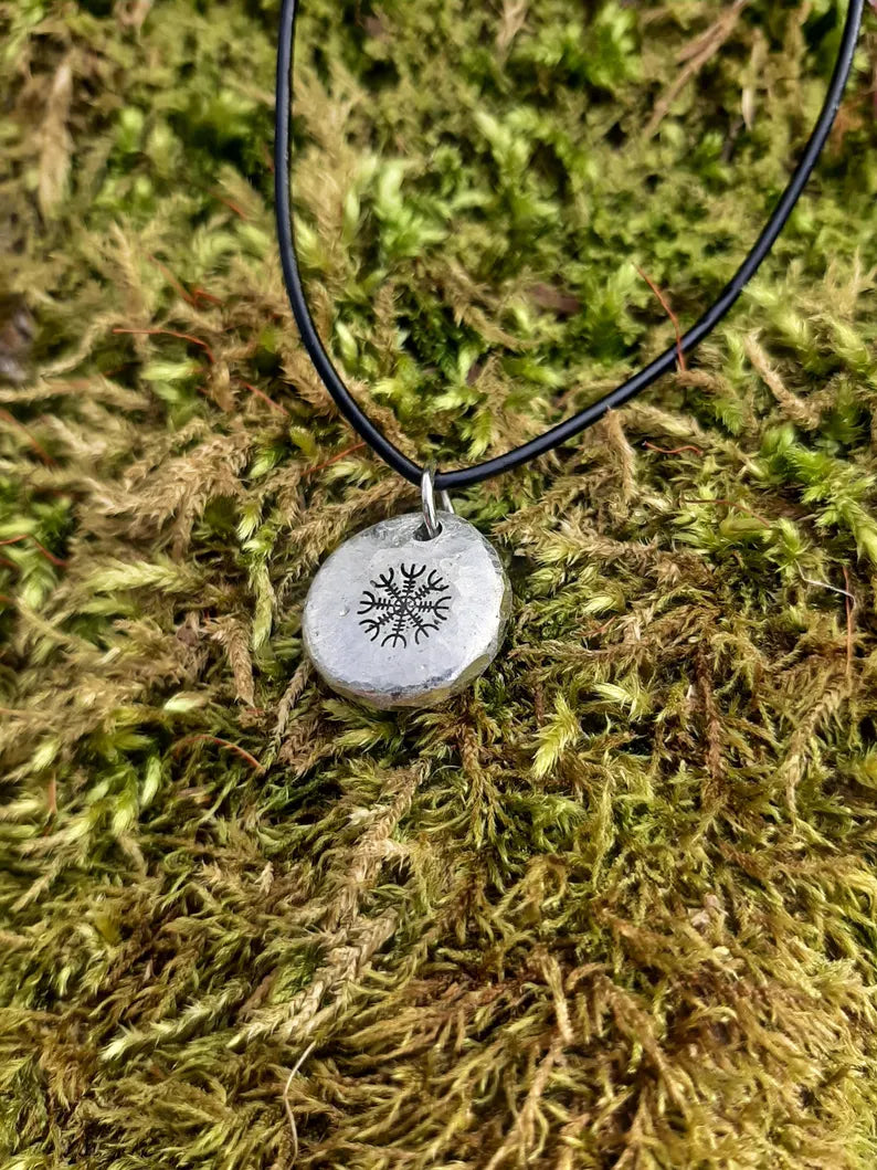 Aegishjalmur Pendant Necklace - Helm of Awe | Helm of Terror - Cast and Hammered Pewter | Viking Necklace