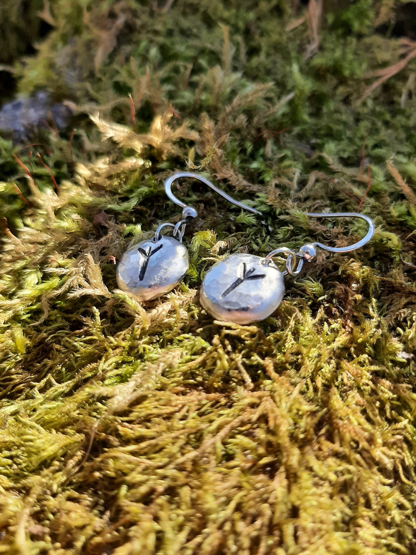 Viking Rune Pendant Earrings - Stainless Steel Hooks | Cast and Hammered Pewter