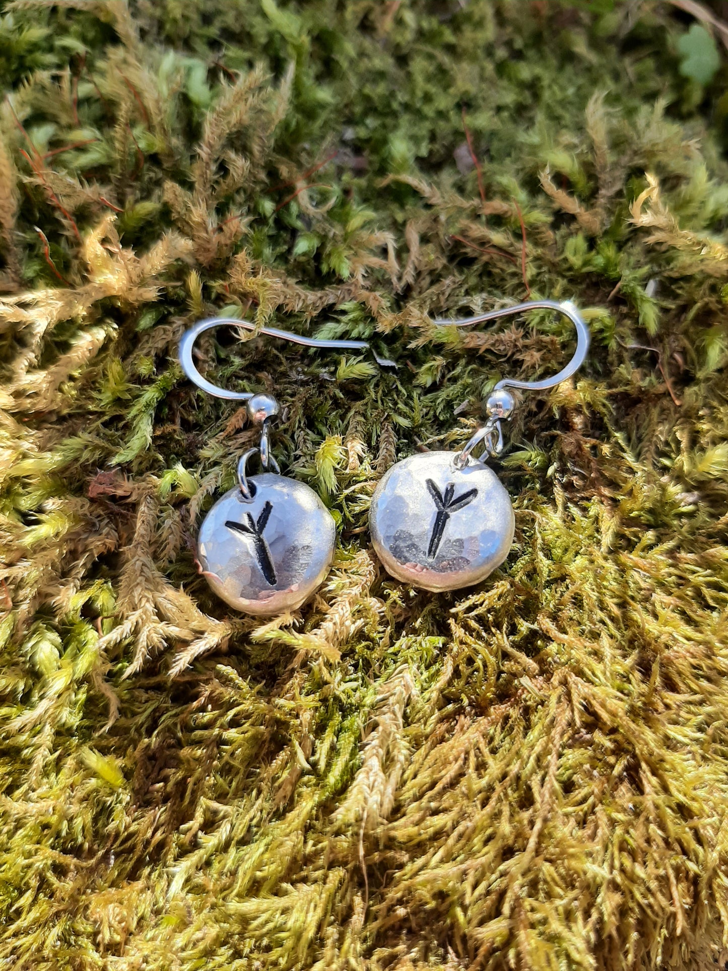 Viking Rune Pendant Earrings - Stainless Steel Hooks | Cast and Hammered Pewter