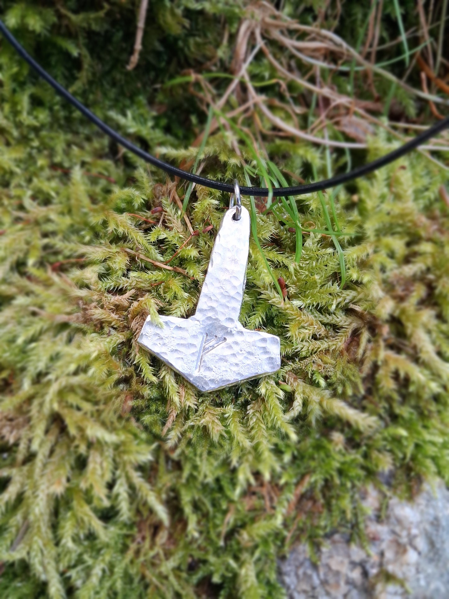 Thors Hammer Pendant with Rune Symbol | Mjolnir Pendant Necklace - Cast and Hammered Pewter | Viking Necklace