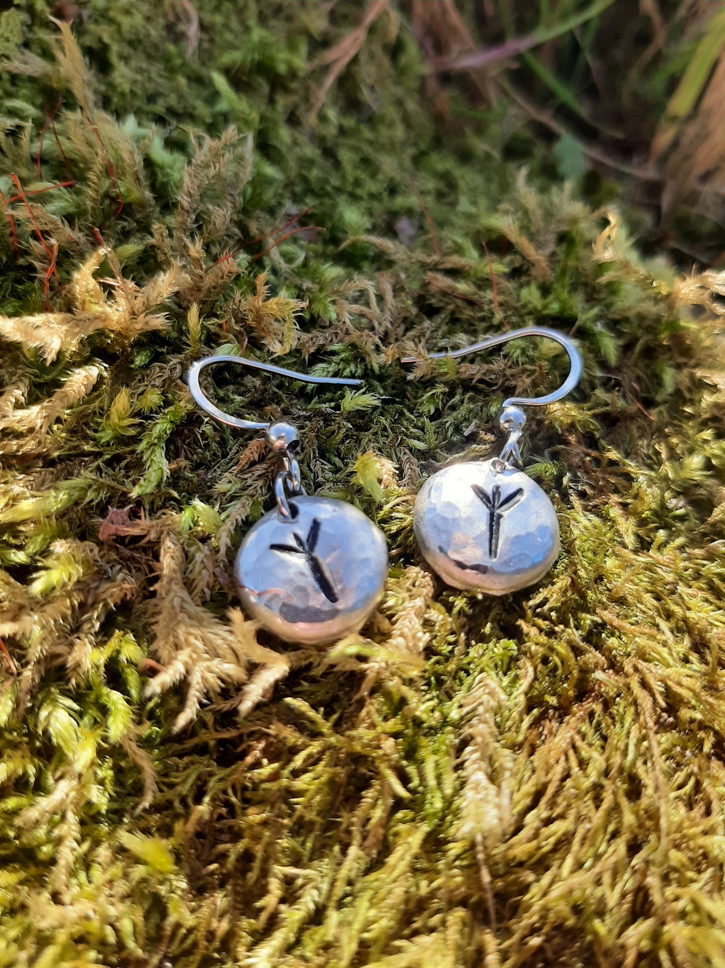 Viking Rune Pendant Earrings - Stainless Steel Hooks | Cast and Hammered Pewter