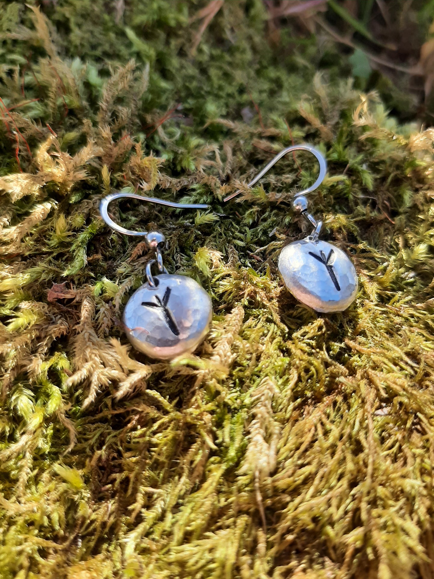 Viking Rune Pendant Earrings - Stainless Steel Hooks | Cast and Hammered Pewter