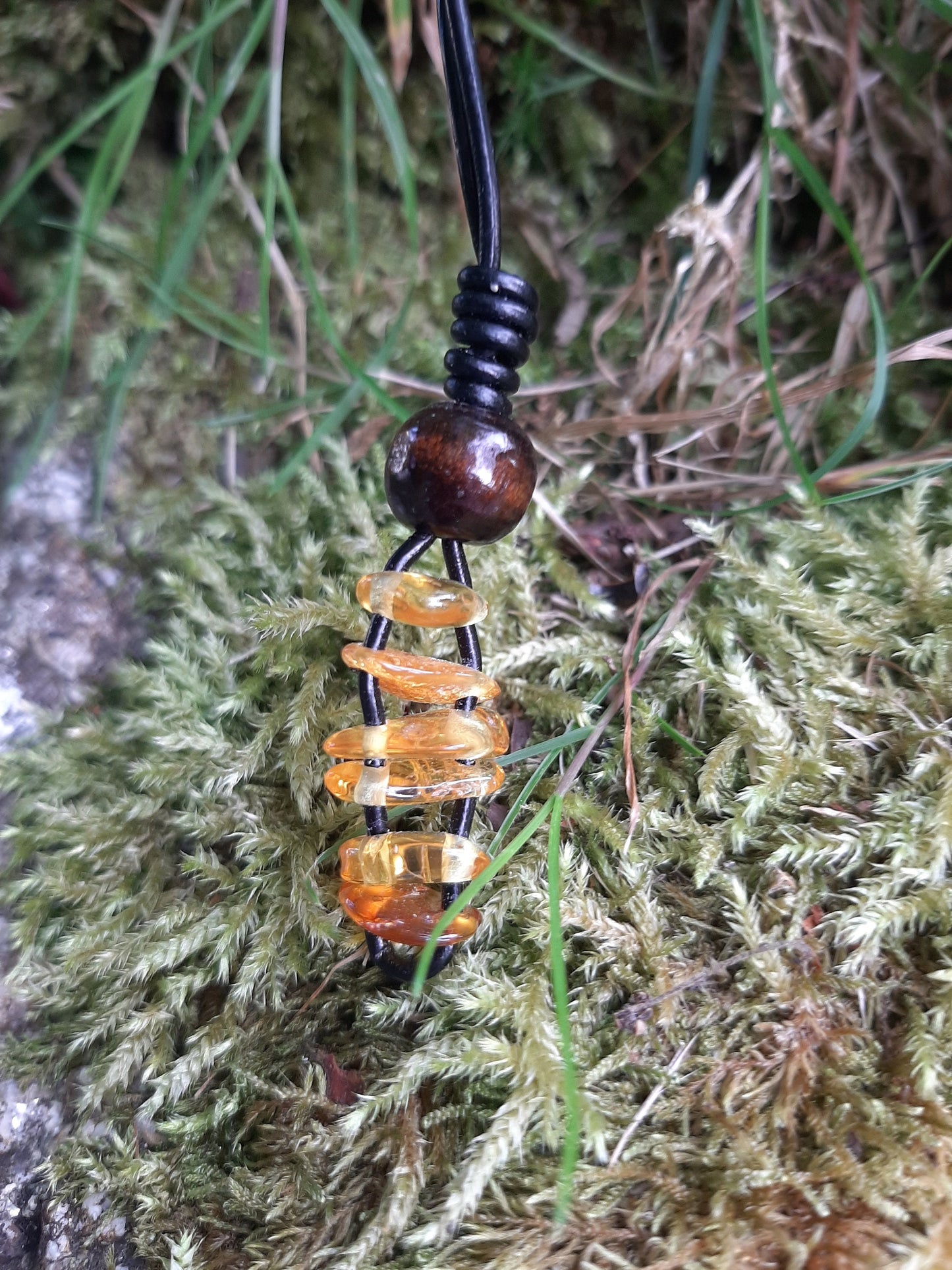 Stacked Amber Pendant Necklace, leather cord