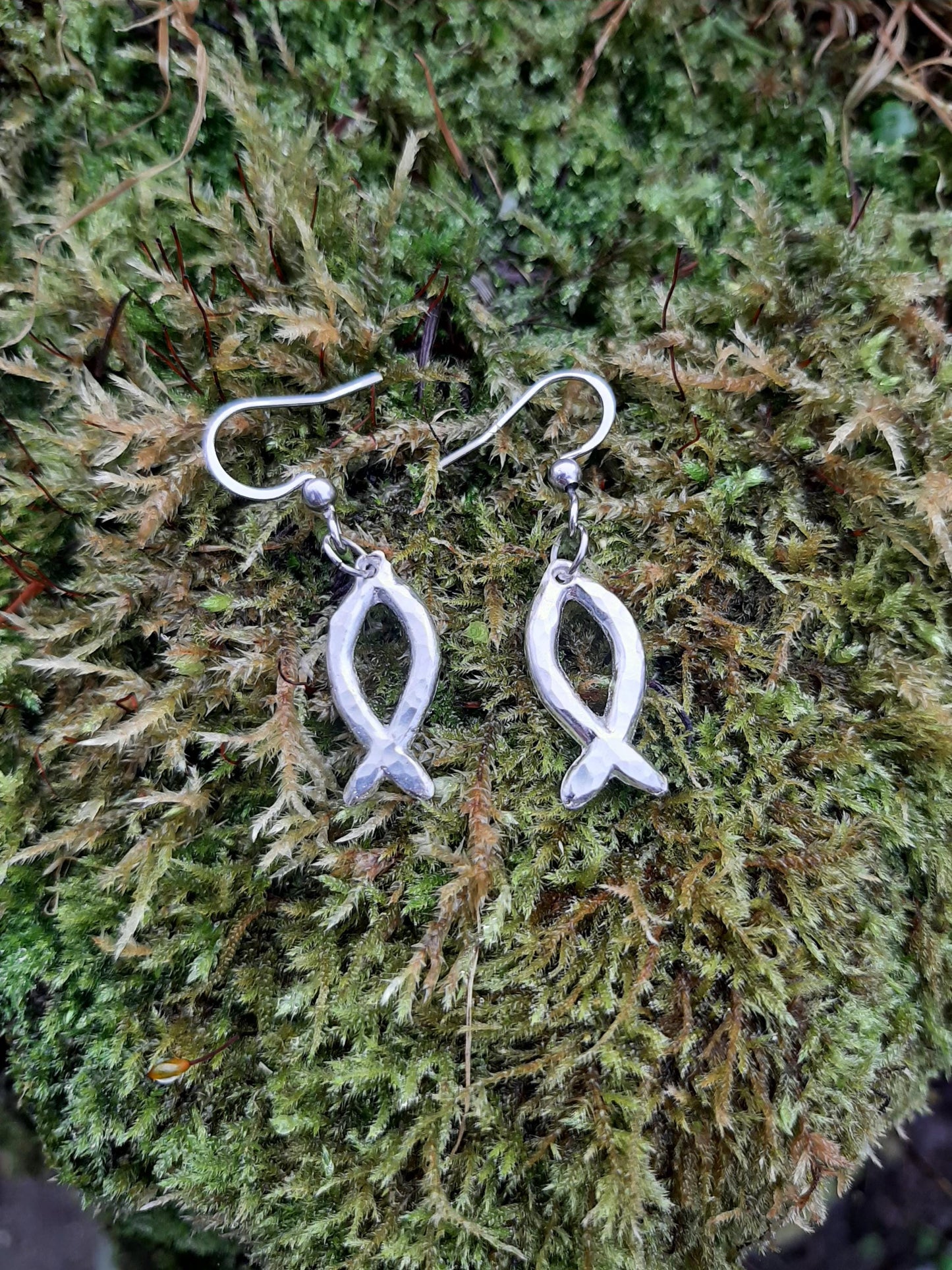 Ichthys Jesus Fish Pendant Earrings - Stainless Steel Hooks | Cast and Hammered Pewter