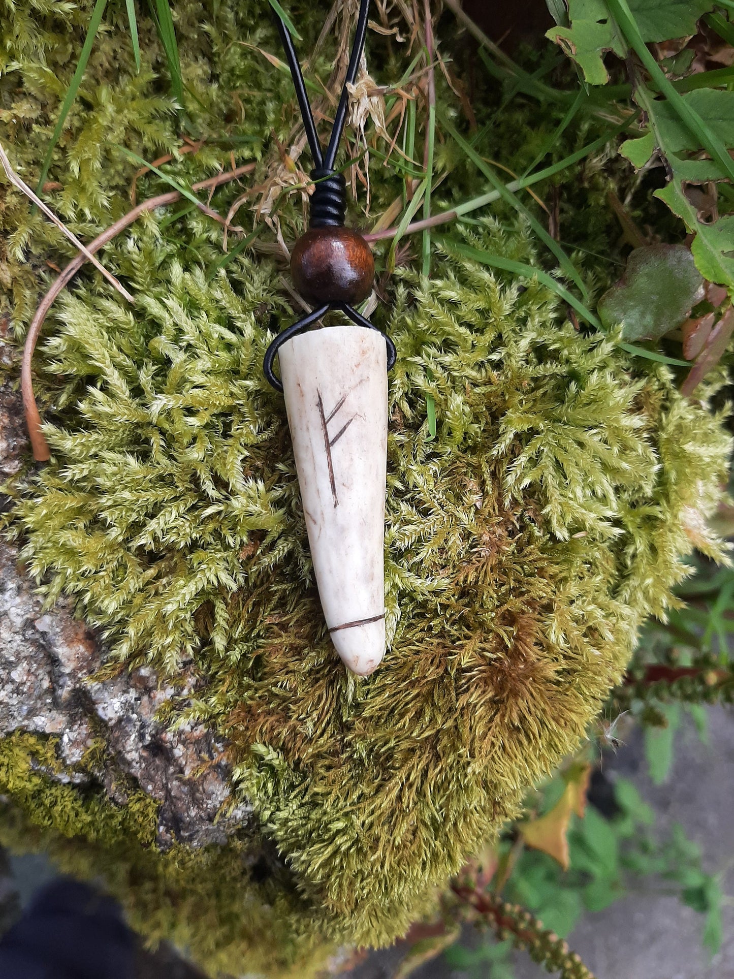 Carved Antler Fehu Luck Rune Pendant Necklace | Viking Necklace