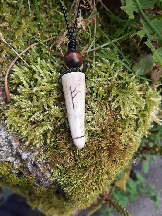 Carved Antler Fehu Luck Rune Pendant Necklace | Viking Necklace
