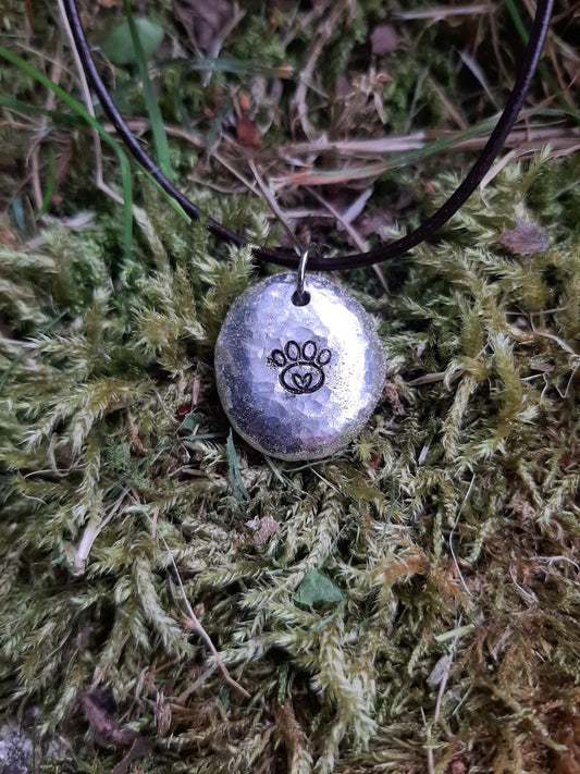 Dog Paw Pendant Necklace - Dog Paw Heart - Cast and hammered pewter - Small - Can be personlised