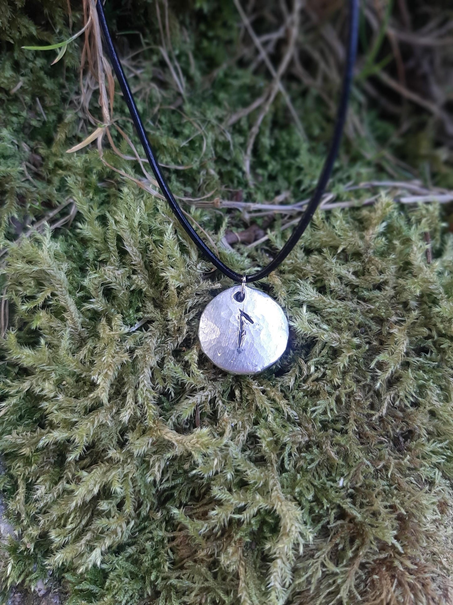 Viking Rune Necklace - Cast and Hammered Pewter - Laguz Rune - Renewal Rune | Viking Necklace