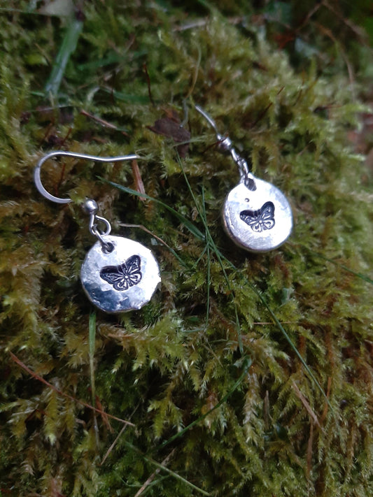 Butterfly Pendant Earrings - Stainless Steel Hooks | Cast and Hammered Pewter