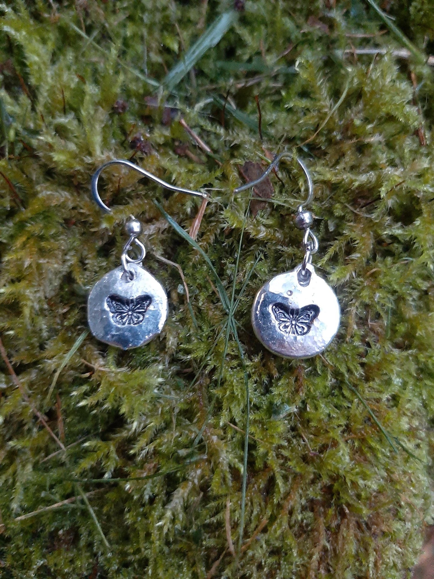Butterfly Pendant Earrings - Stainless Steel Hooks | Cast and Hammered Pewter
