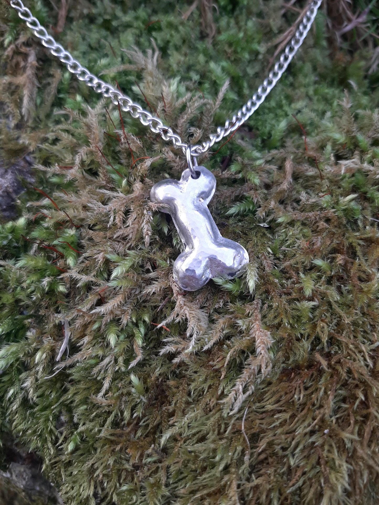 Dog Bone Pendant Necklace - Rustic - Cast and hammered pewter