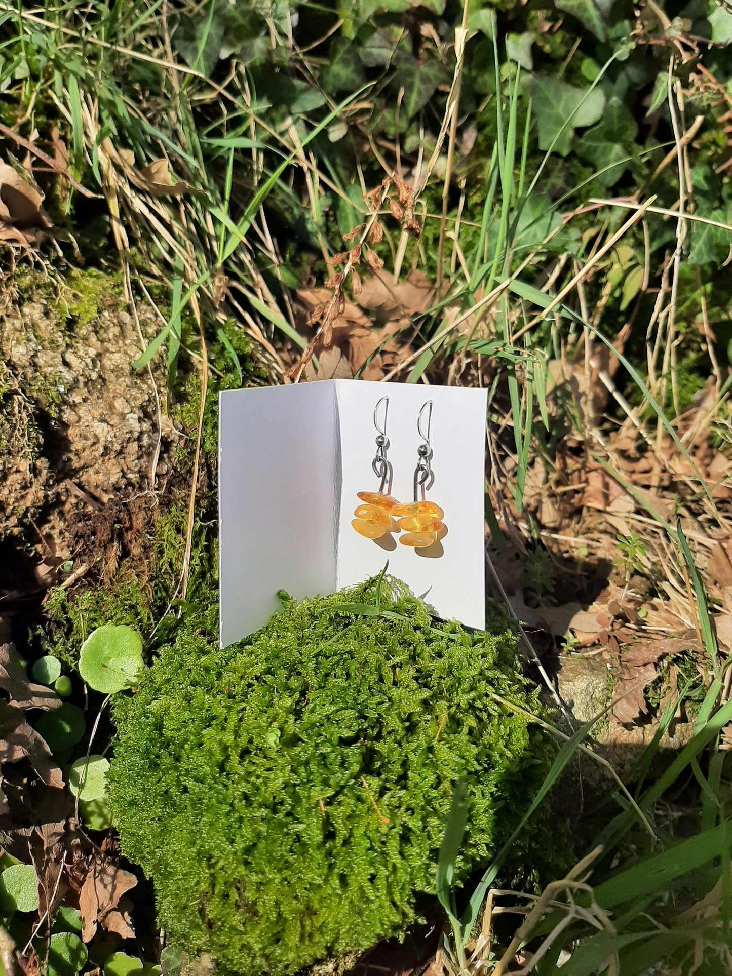 Stacked Amber Earrings - Stainless Steel Hooks