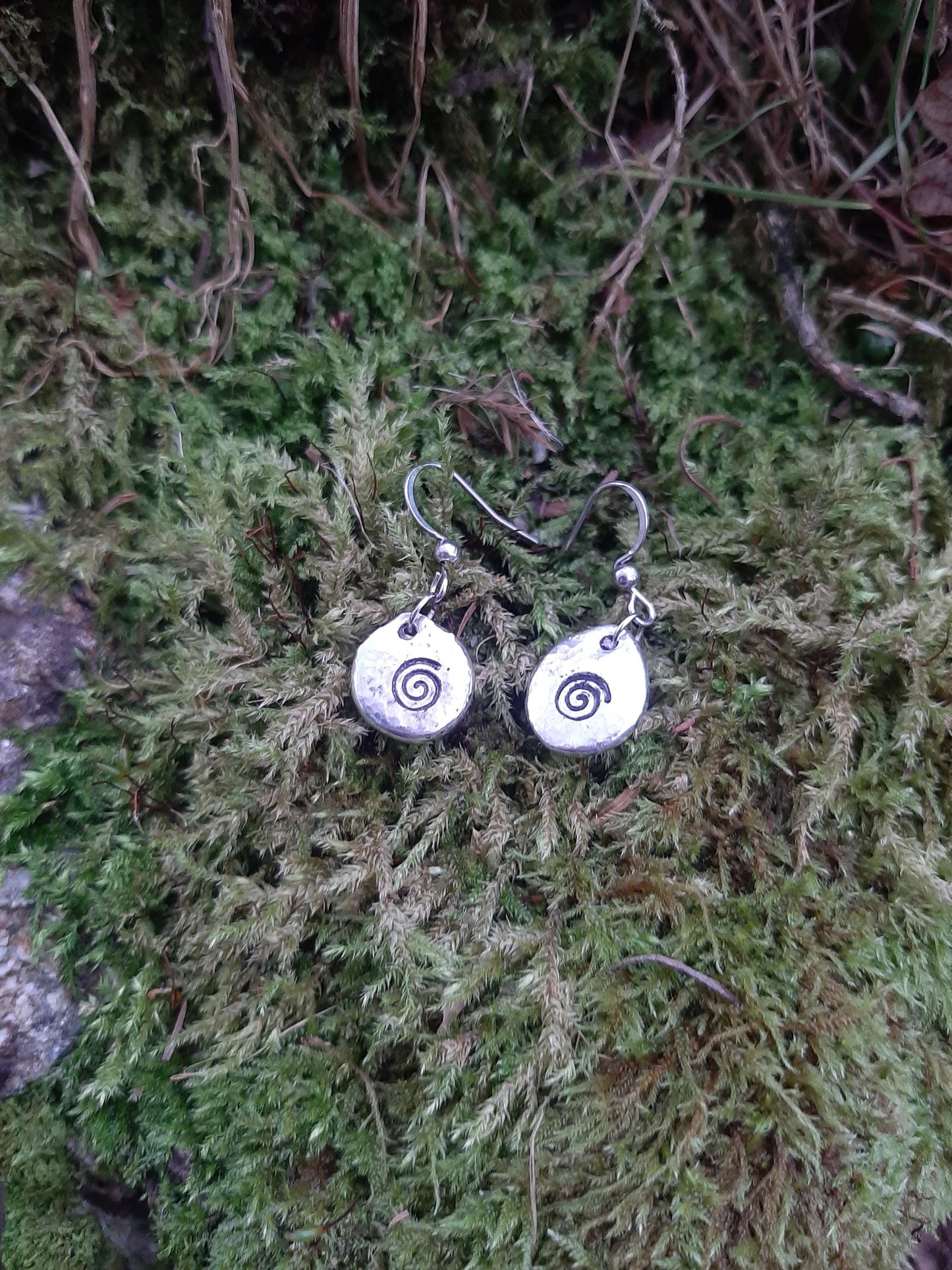 Celtic Spiral Pendant Earrings - Stainless Steel Hooks | Cast and Hammered Pewter