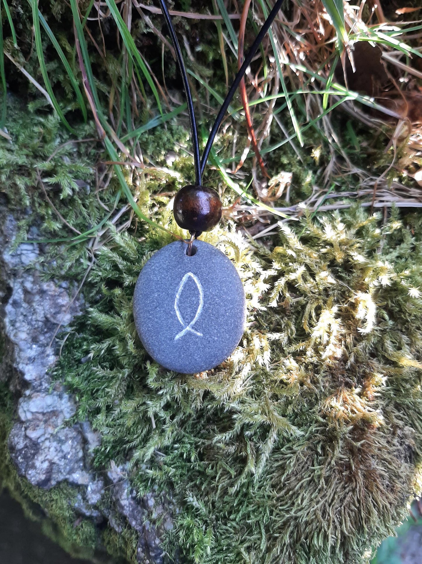 Carved Stone Necklace - Ichthys - Jesus Fish | Christian Necklace