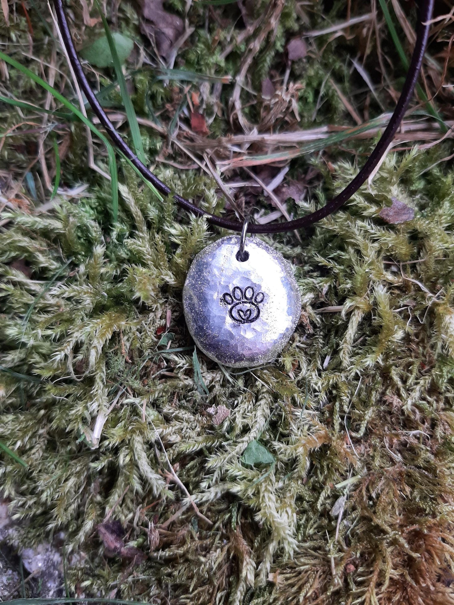 Dog Paw Pendant Necklace - Dog Paw Heart - Cast and hammered pewter - Small - Can be personlised