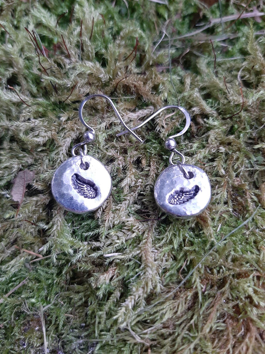 Wing Pendant Earrings - Angel Wings - Bird Wings - Stainless Steel Hooks | Cast and Hammered Pewter