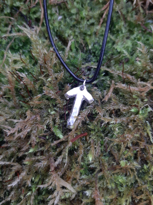 Viking Rune Necklace - Cast and Hammered Pewter - Tiwaz/Tyr Rune - Warrior Rune | Viking Necklace