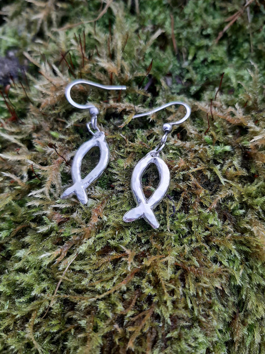 Ichthys Jesus Fish Pendant Earrings - Stainless Steel Hooks | Cast and Hammered Pewter