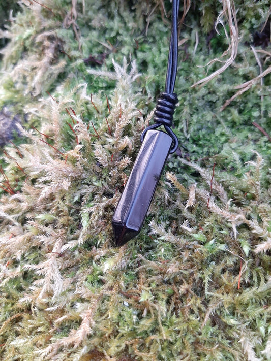 Obsidian Pendant Necklace, leather cord | Obsidian Point, drilled