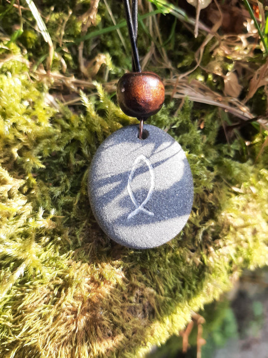 Carved Stone Necklace - Ichthys - Jesus Fish | Christian Necklace