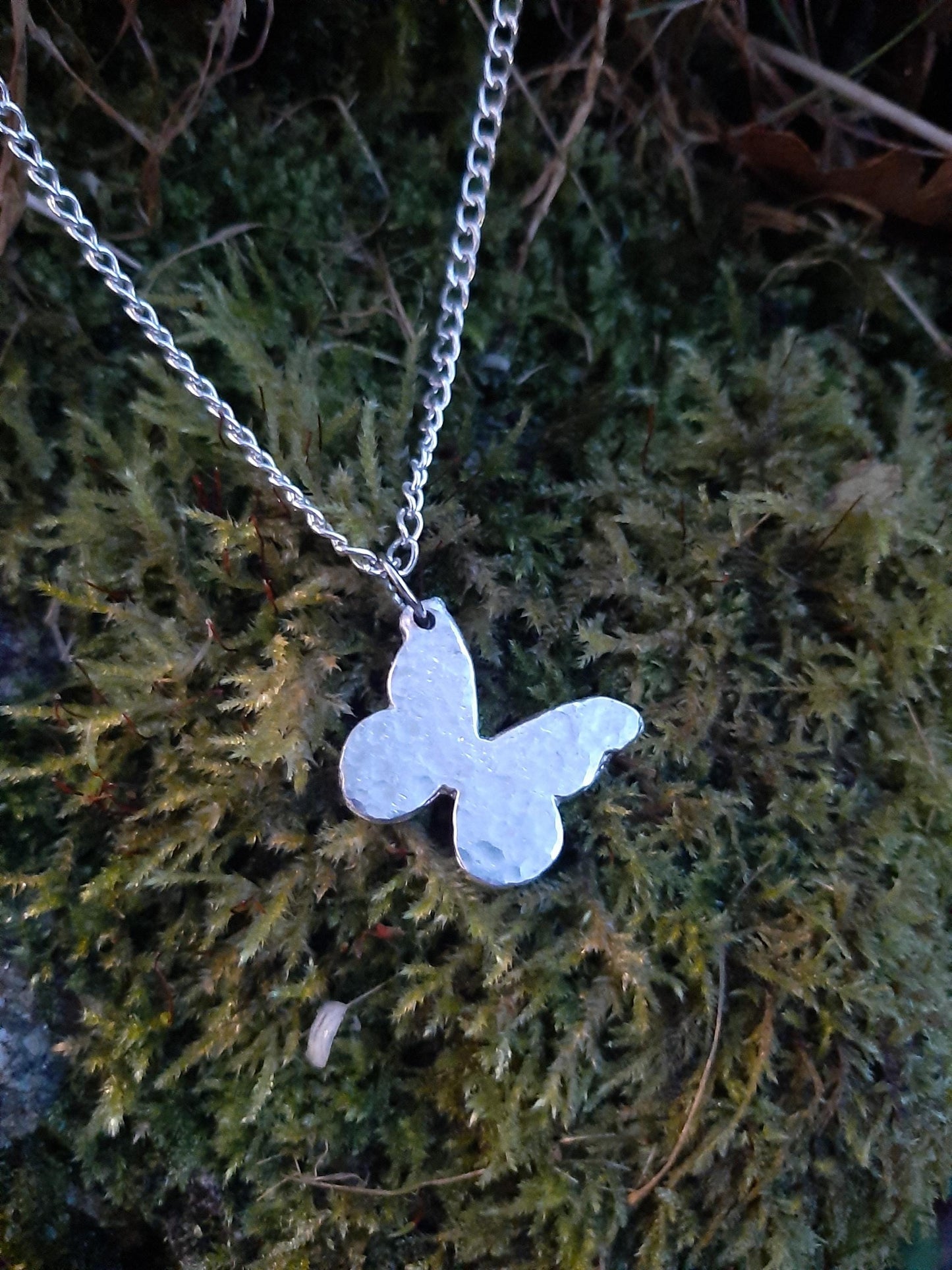 Butterfly Pendant Necklace - Rustic - Cast and hammered pewter