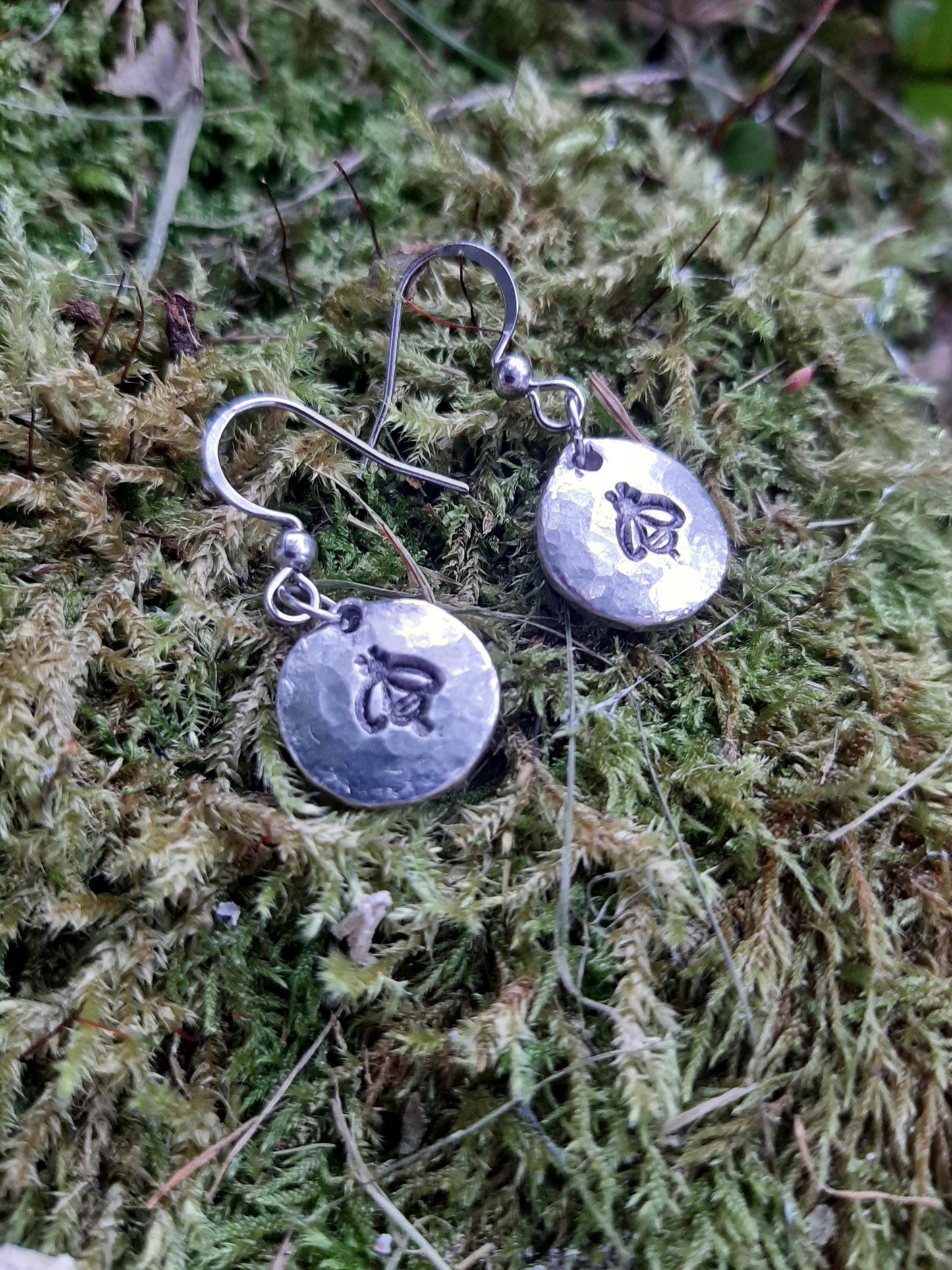 Bee Pendant Earrings - Stainless Steel Hooks | Cast and Hammered Pewter