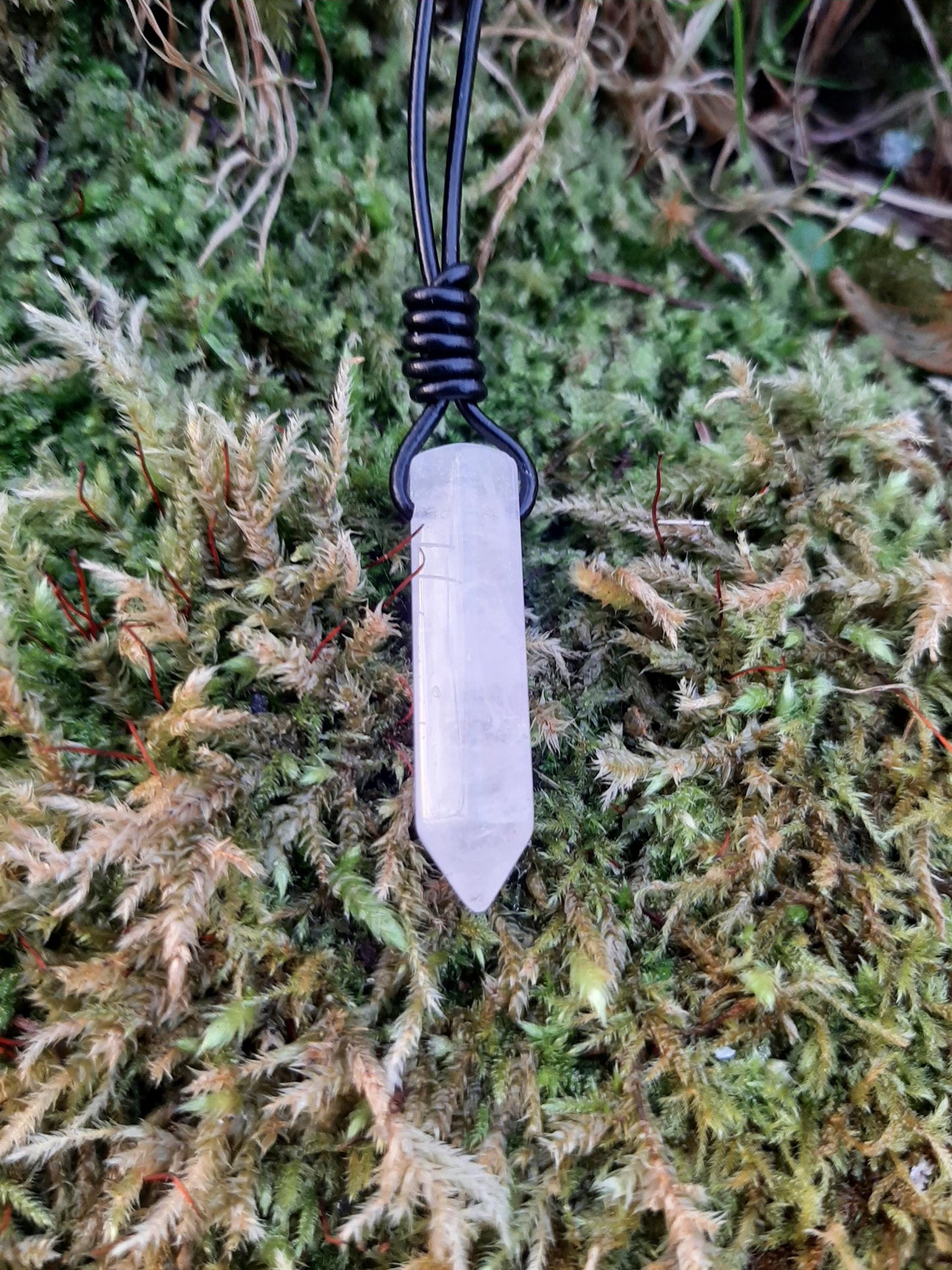 Quartz Pendant Necklace, leather cord | Quartz Point, drilled