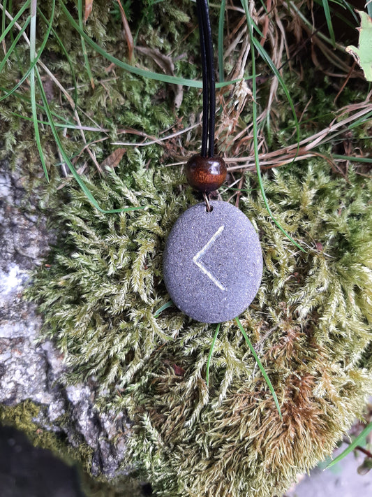 Carved Knowledge Rune Stone Necklace - Kaunaz - Fire, Knowledge - Viking Jewellery | Viking Necklace