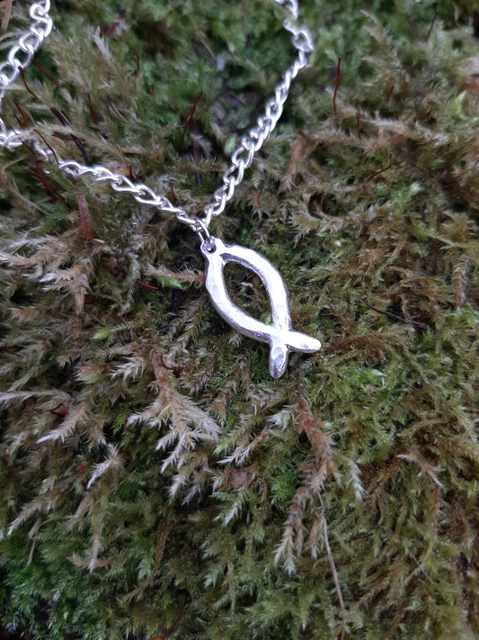 Jesus Fish Necklace - Cast and Hammered Pewter - Ichthys - Christian - 1cm x 2cm