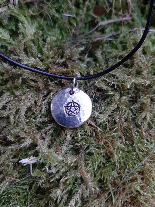 Witch Pentagram Pendant Necklace - Cast and hammered pewter - Small