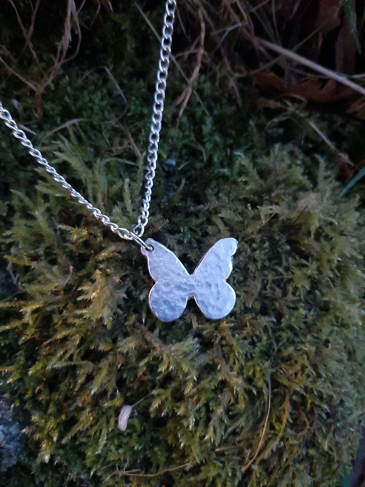 Butterfly Pendant Necklace - Rustic - Cast and hammered pewter