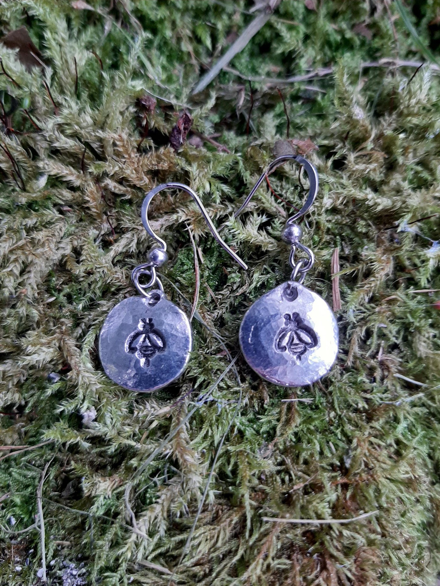 Bee Pendant Earrings - Stainless Steel Hooks | Cast and Hammered Pewter