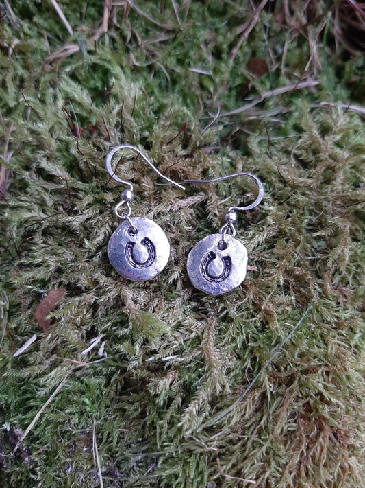 Horseshoe Pendant Earrings - Stainless Steel Hooks | Cast and Hammered Pewter