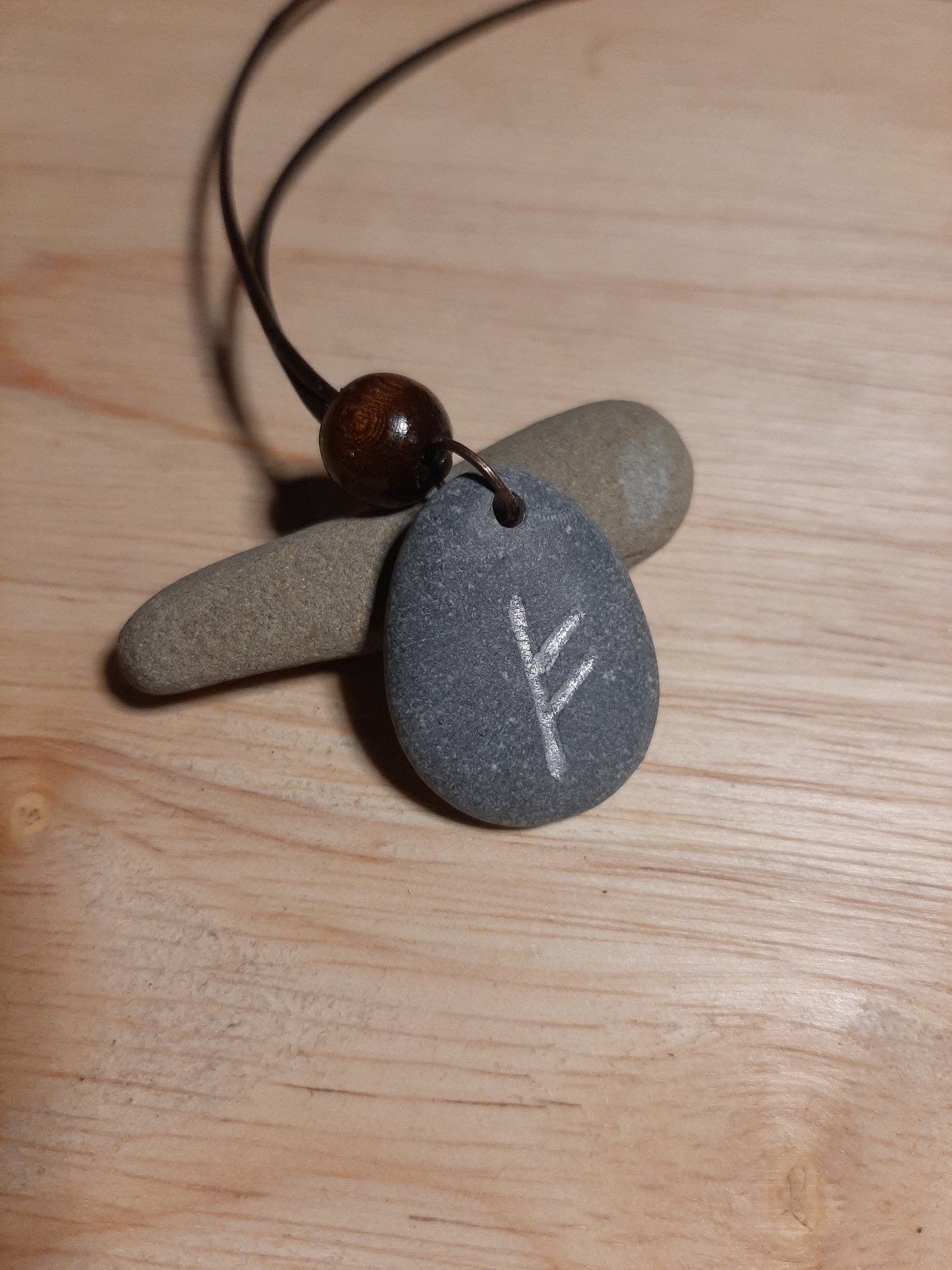 Carved Wealth Rune Stone Necklace - Fehu - Wealth, Luck - Viking Jewellery | Viking Necklace