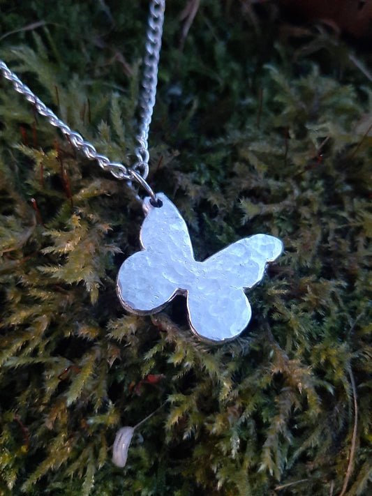 Butterfly Pendant Necklace - Rustic - Cast and hammered pewter