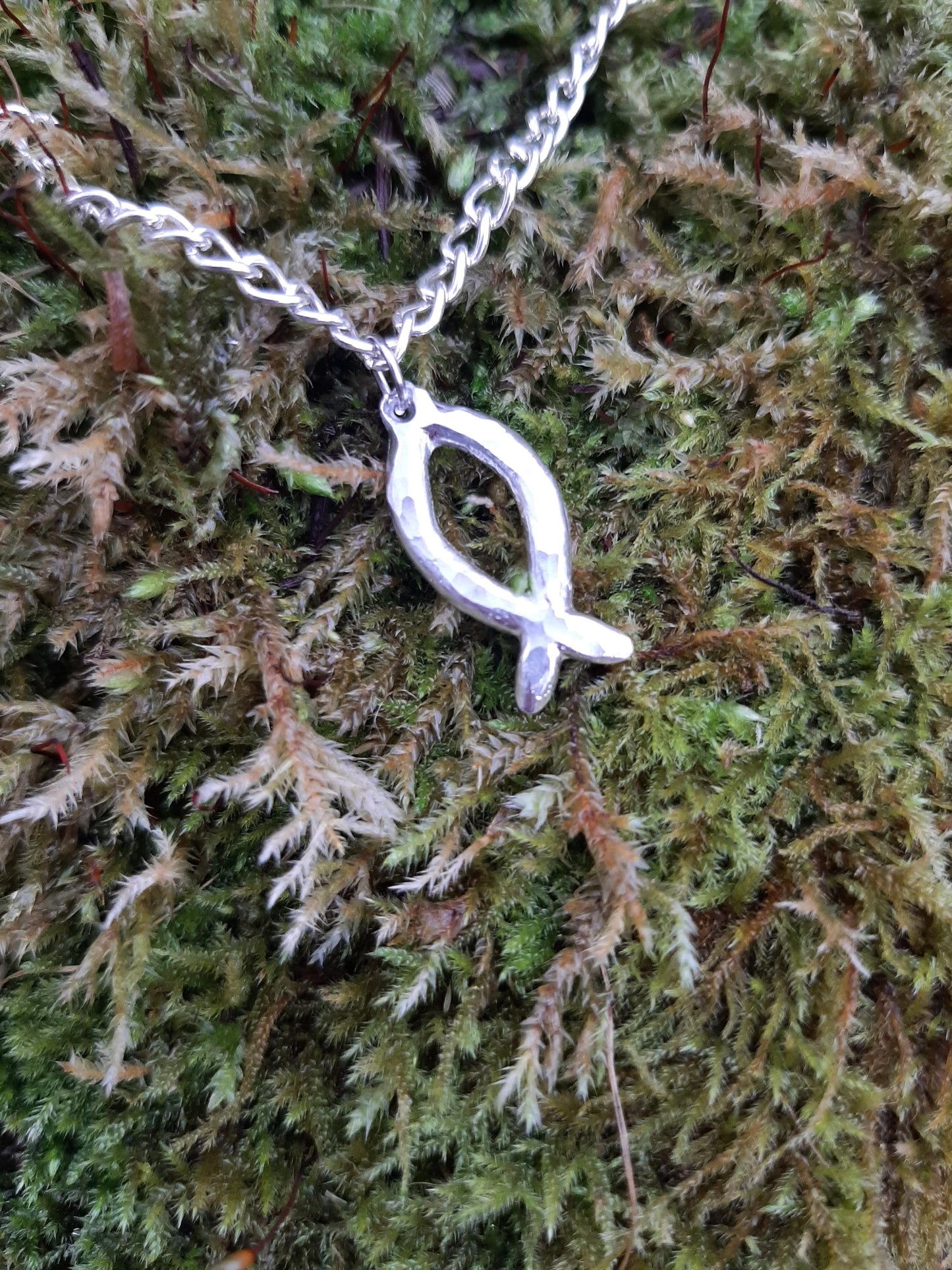 Jesus Fish Necklace - Cast and Hammered Pewter - Ichthys - Christian - 1cm x 2cm