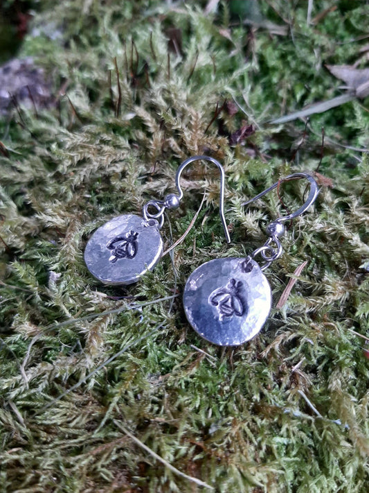 Bee Pendant Earrings - Stainless Steel Hooks | Cast and Hammered Pewter