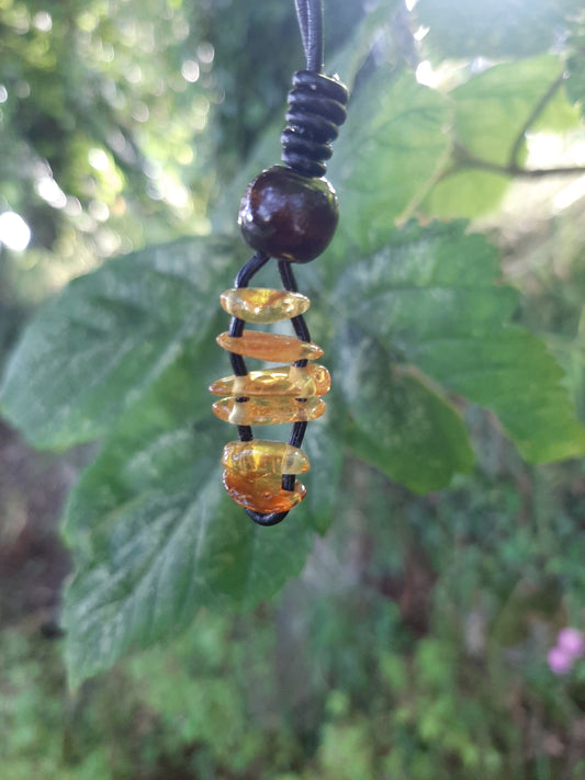 Stacked Amber Pendant Necklace, leather cord