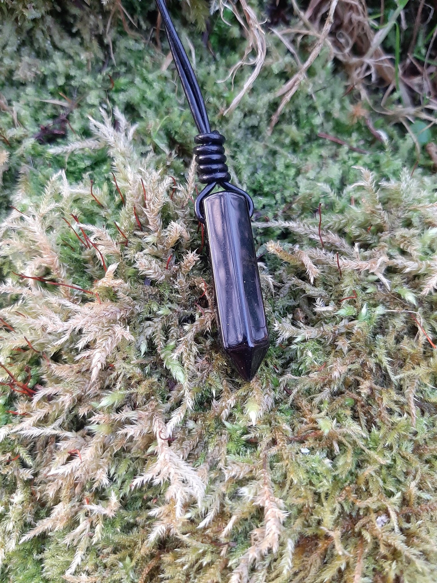 Obsidian Pendant Necklace, leather cord | Obsidian Point, drilled